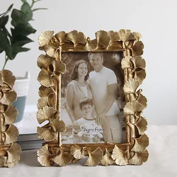 American Style Ginkgo Photo Frame, Gold Square Table, Modern Resin Painted, 4x6 Inch, Home Decoration