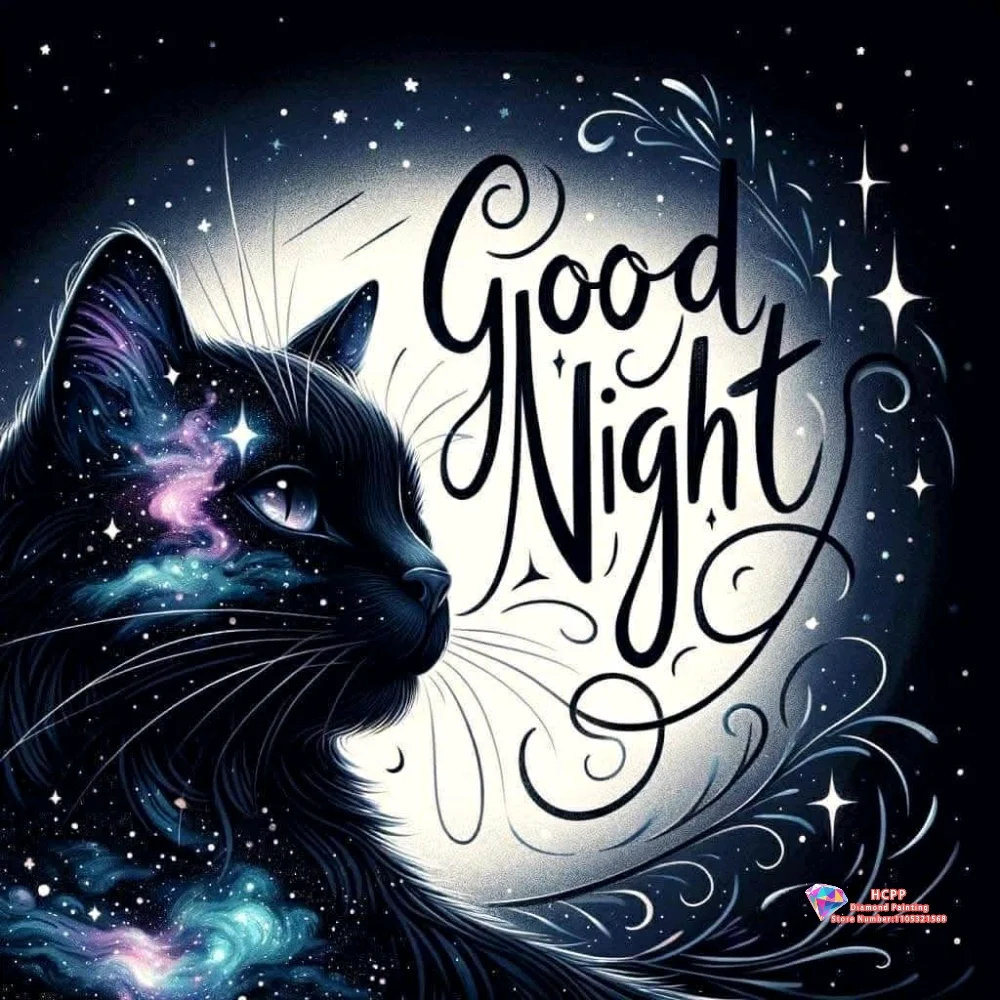 Good Night Galaxy Black Cat 5D DIY Diamond Painting Set with Square and Round Diamonds Handmade Crafts Home Decor Gifts.