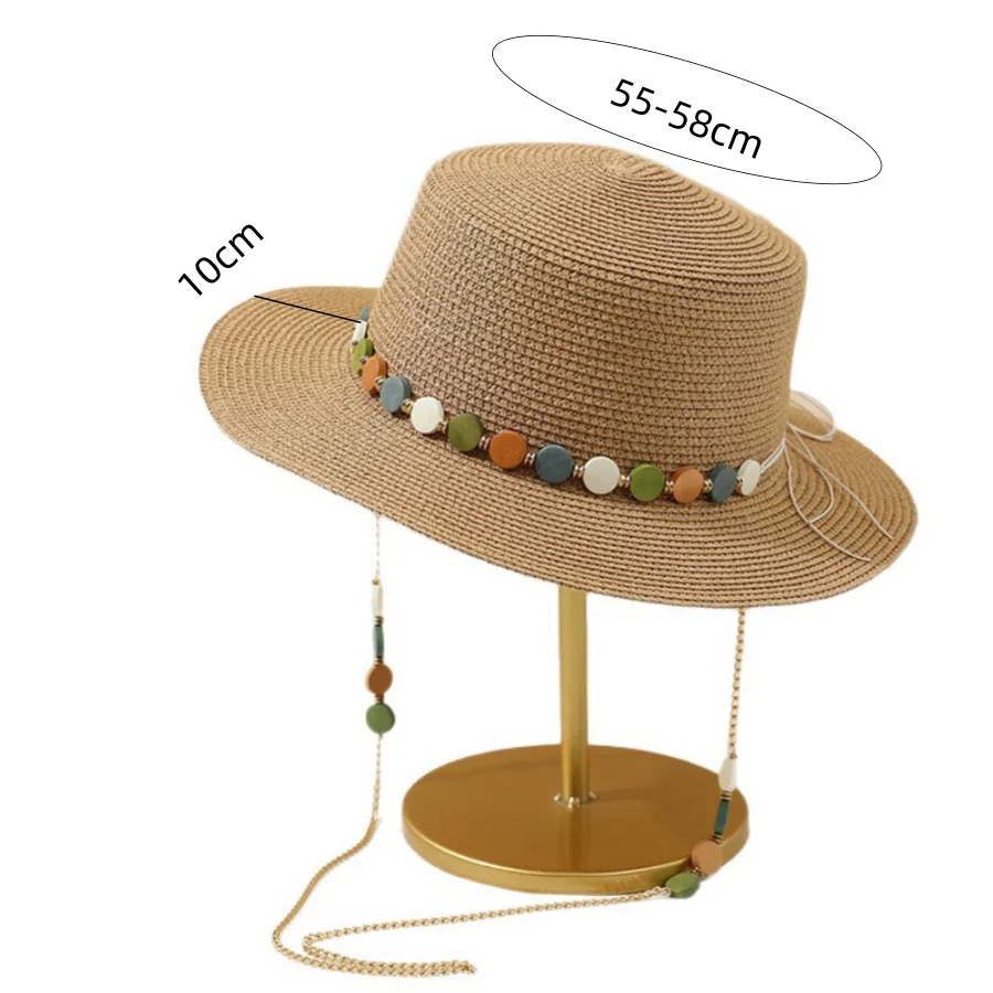 Summer Flat-Brimmed Straw Hat with Colorful Stone Chain, Vintage Breathable Woven Material, Sun Protection, Suitable for Daily Wear on Vacation, Holiday Gift