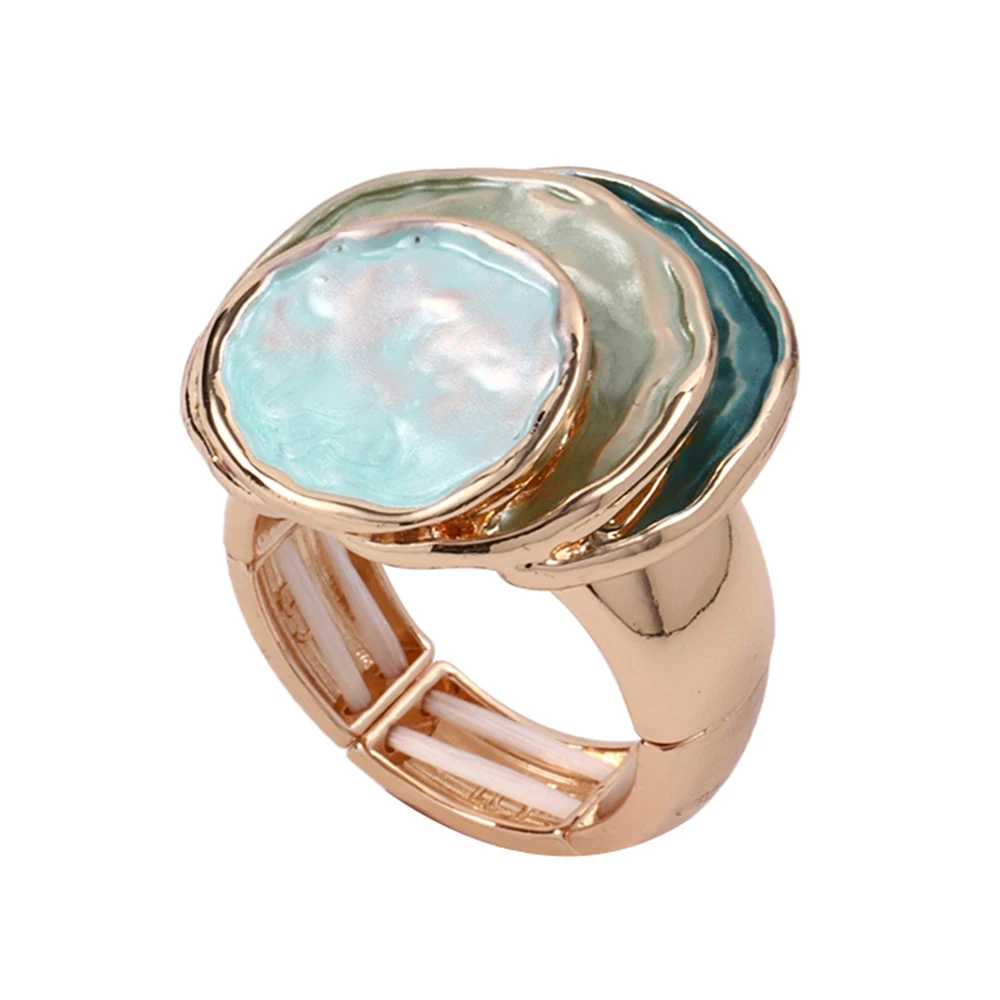 Fashion Blue Drip Oil Geometric Rings for Women Accessories Trendy Elastic Adjustable Wide Gold Color Ring Party Jewelry Gift