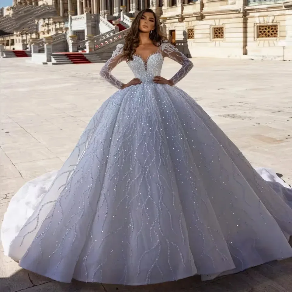 

2026 Luxury Princess Ball Gown Wedding Dress With Beads Pearls Embroidery Lace Sweetheart Bridal Dress Vestido de novia Custom
