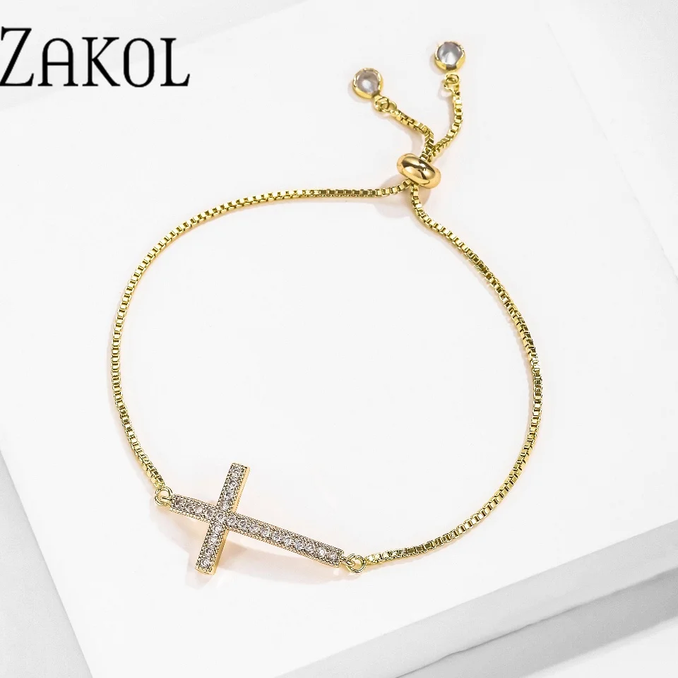 ZAKOL Personalized Simple Micro-set CZ Zircon Link Bracelet For Women Adjustable Copper Cross Design Daily Party Jewelry Gifts