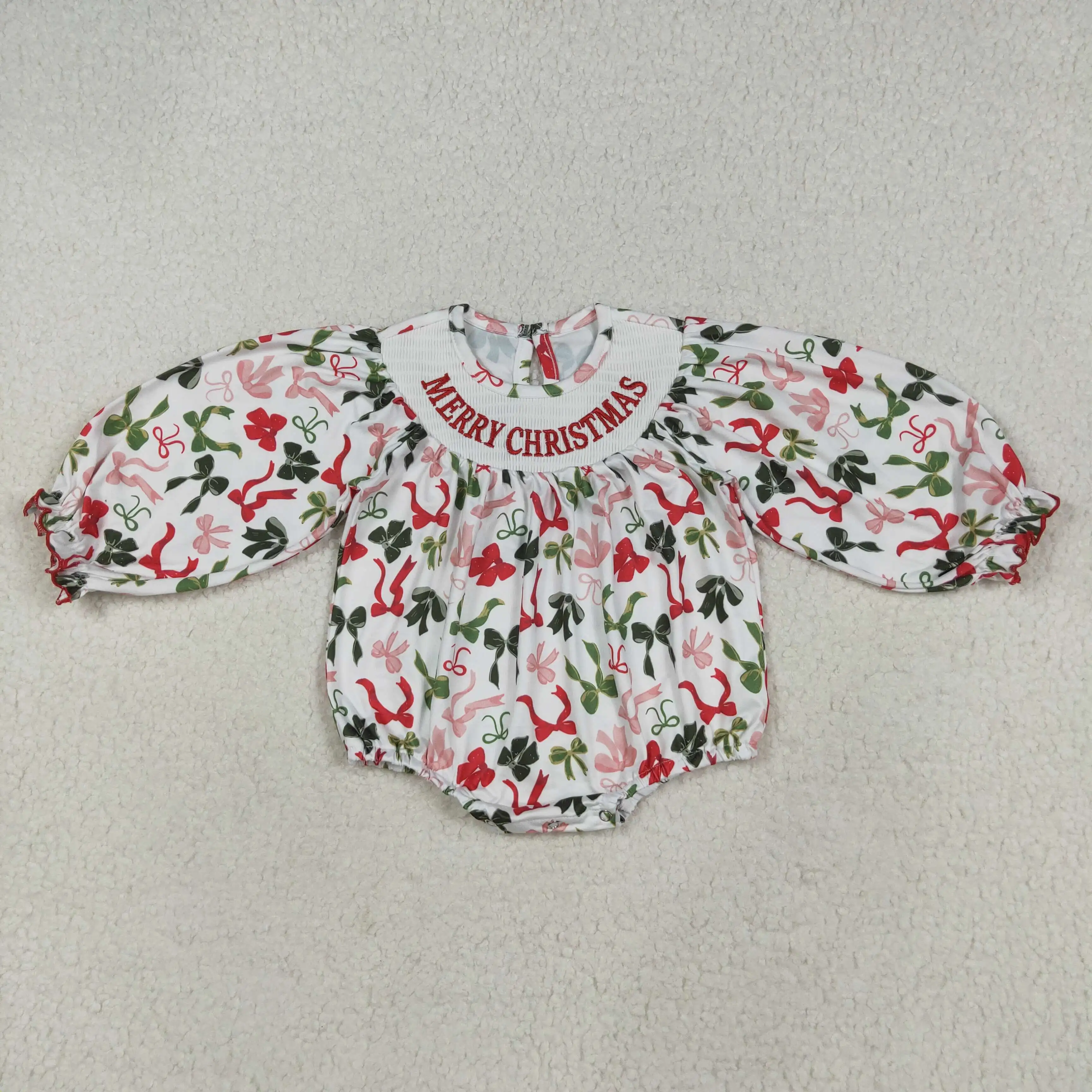 

9.16y Trendy Infant Girl Clothes RTS Smocked Merry Christmas Bows White Long Sleeve Bubble Romper
