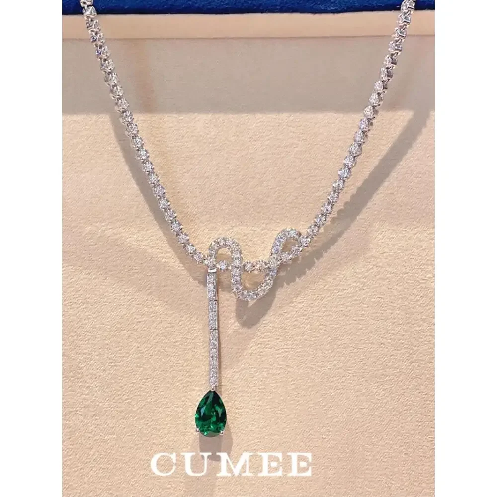 

CUMEE 925 Sterling Silver Exquisite Versatile Green Pear Lab Created Emerald Necklace Women with Silver and Gold Plating