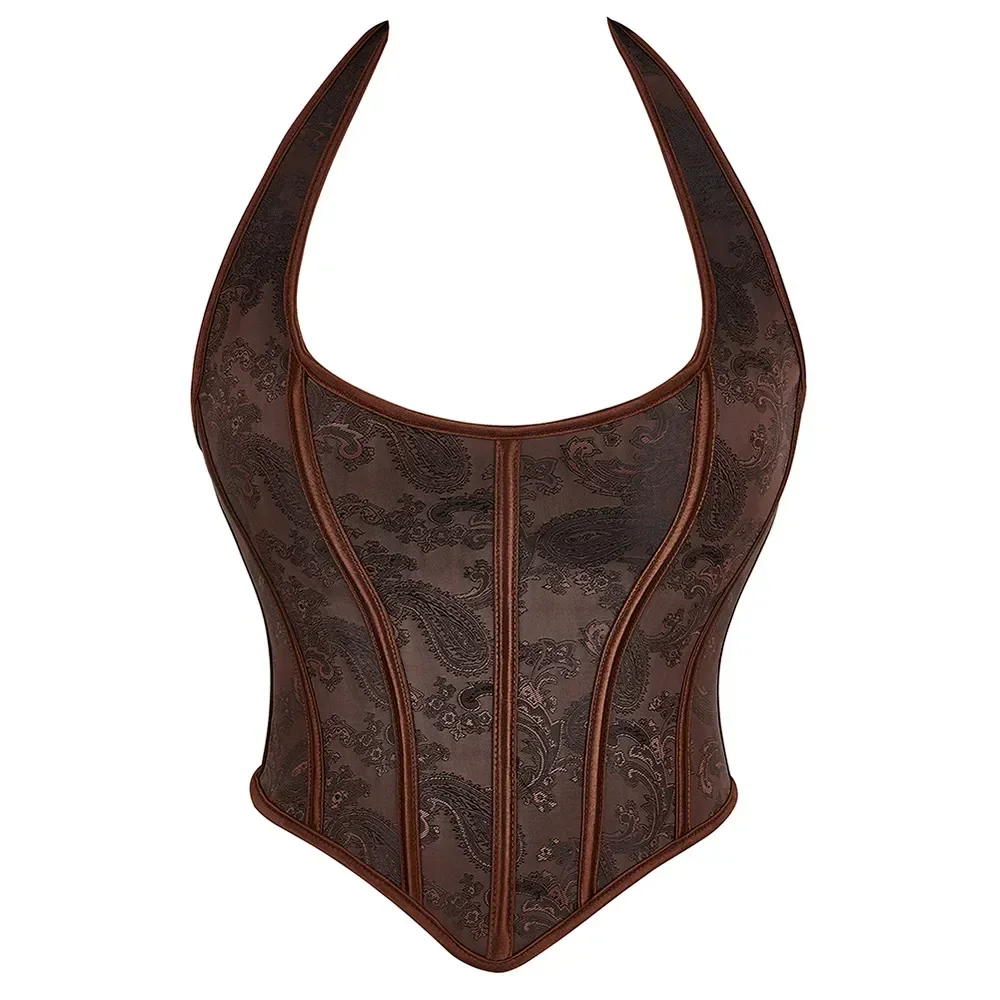 Brown Corset Top Crop Halter Women Overbust Bustier Lace-Up Bodice Sexy Lingerie Corselet Party Short Camis