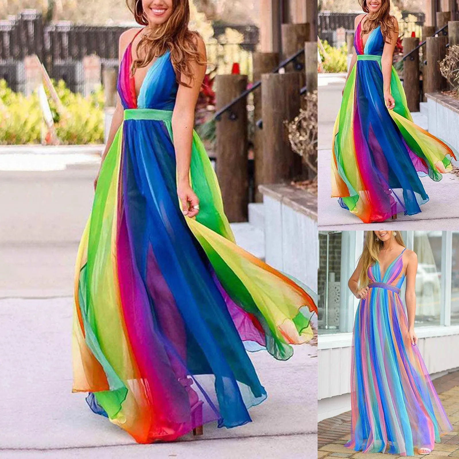 

2024 Summer Women Casual Dresses Fashion Sleeveless Maxi Skirt Women's New Suspender Skirts Sexy Deep V Rainbow Dress For Girls