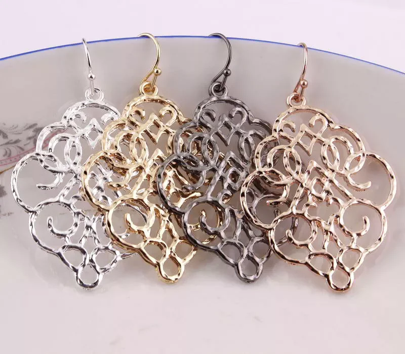 Gold Silver Rose Gunmetal Plated Filigree Geometric Moroccan Dangle Earrings Women Hollow Out Metal Jewelry Gifts