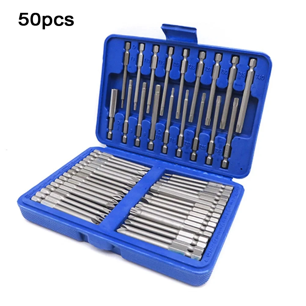 50 in 1 Screwdriver Bit Set 1/4 Hex Shank 75mm Long Reach Torx Hex Phillips Slotted Pozidriv Square Cr-V Steel Magnetic Case