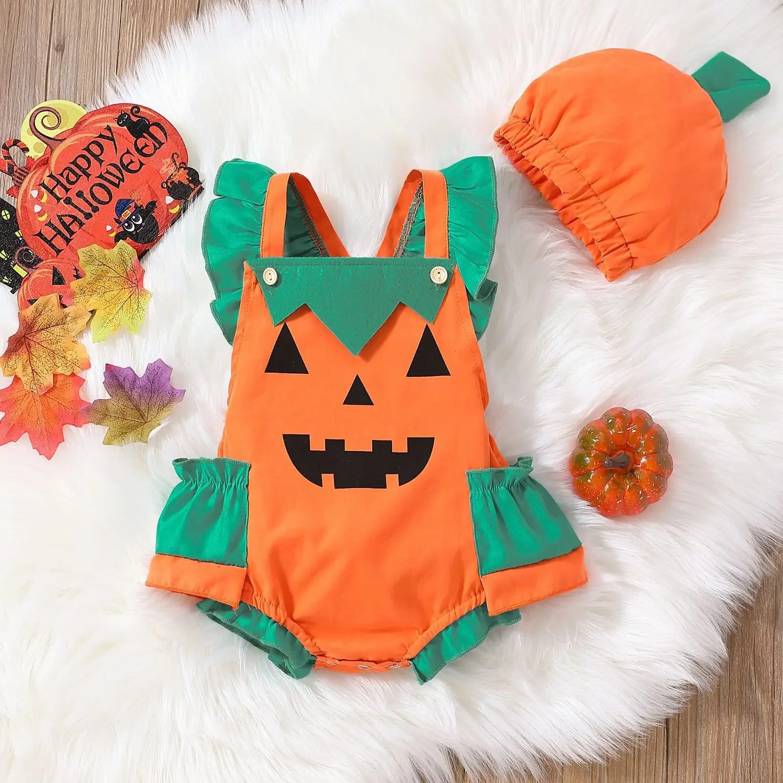 Newborn Toddler Baby Girl Boys Halloween Romper Pumpkin Face Sleeveless Overalls Contrast Color Jumpsuit for Party Baby Clothing