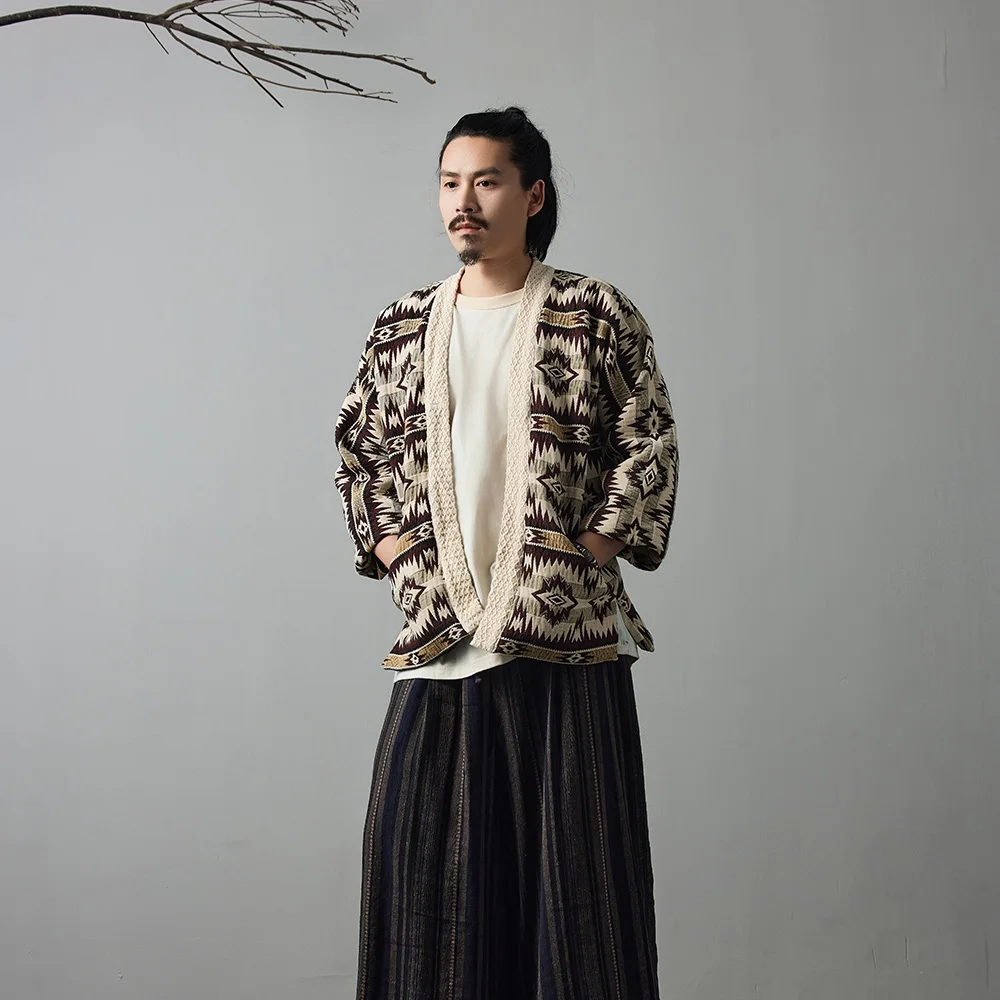 New Style Jacket Japanese Retro Robe Coat Indian Pattern Yarn-Dyed Loose Casual Versatile Shoulder Robe