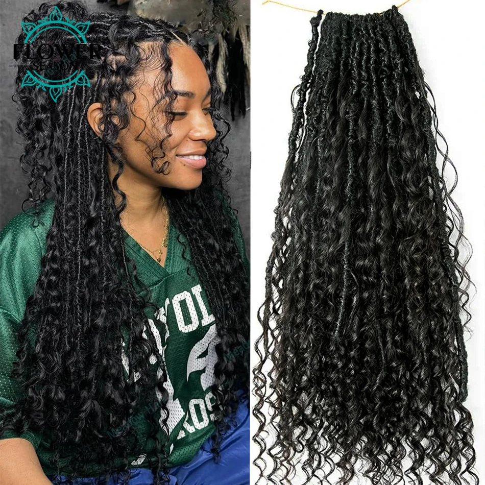 

Pre-looped Crochet Boho Locs with Human Hair Curls Dreadlocks Hair With Curly Human Hair End Boho Faux Locs 72locs Full Head
