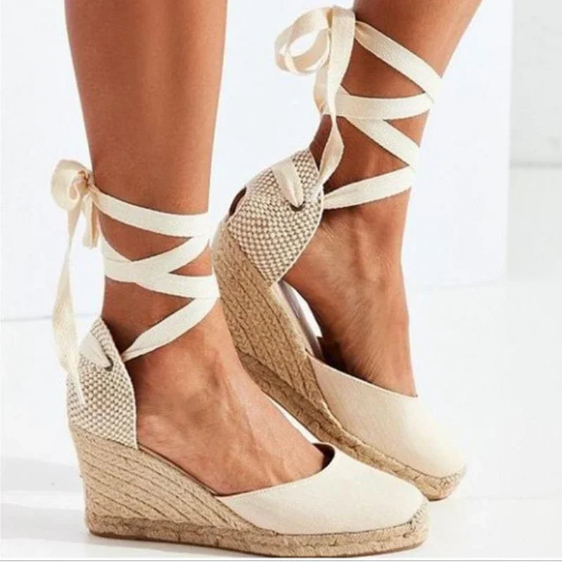 Sandalias de alpargata con correa en el tobillo para mujer, zapatillas cómodas, zapatos informales de lona de cáñamo de lino transpirables