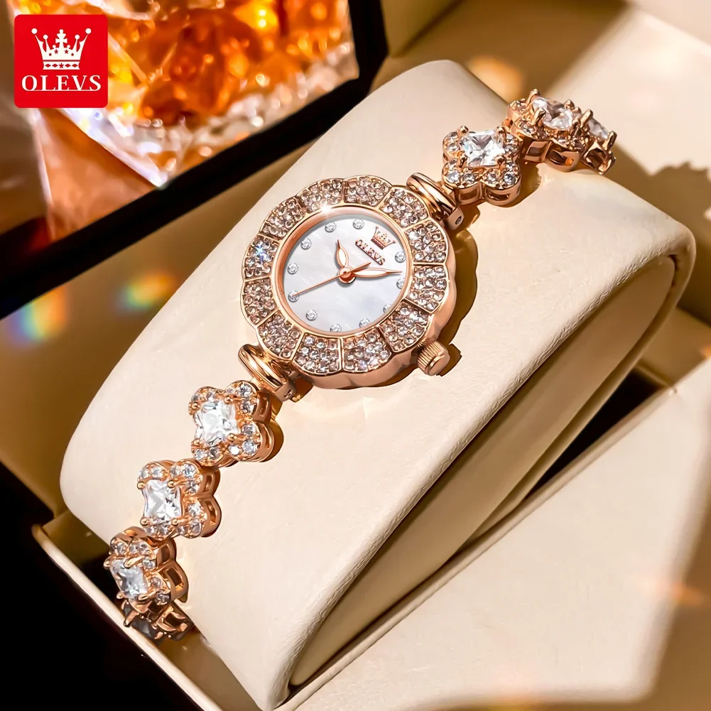 OLEVS, relojes ligeros de cuarzo de lujo para mujer, reloj de pulsera de acero inoxidable de oro rosa a la moda para mujer, reloj de pulsera con cadena de diamantes resistente al agua,reloj mujer