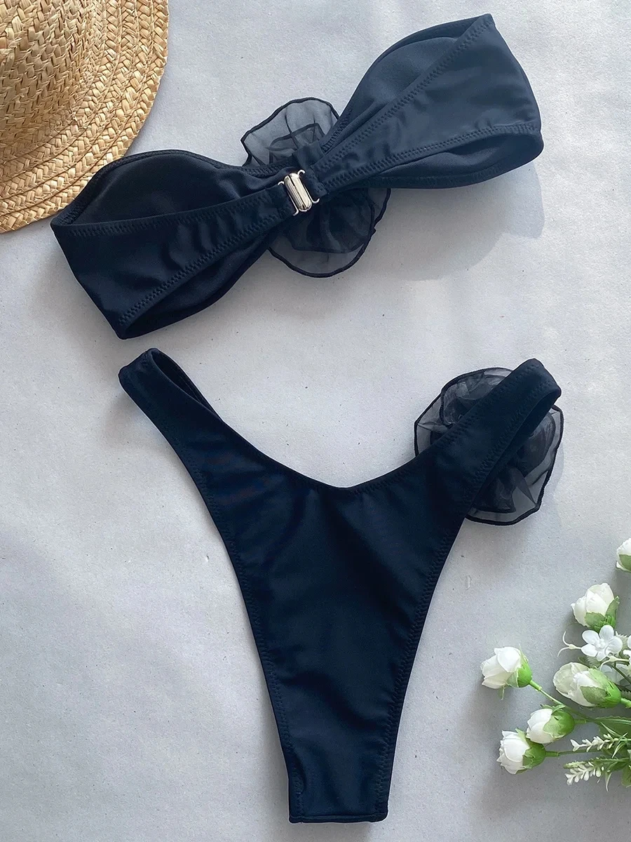 

@%Women High Waisted Bikini Smooth Swimsuit Beach Clothing Sexy Female Sport Fitness Split Belly Pleated Hanging Neck Swimwear