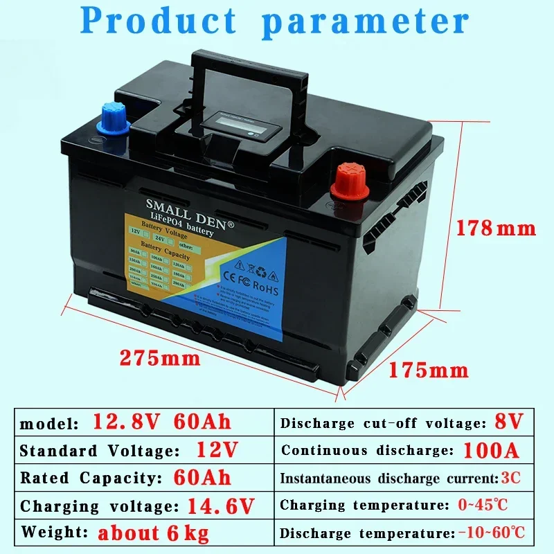 12V 60Ah LiFePO4 Rechargeable Battery Pack Automatic Car Starter Build-in BMS 12.8V Power Supply Portable For Car Lighter Solar