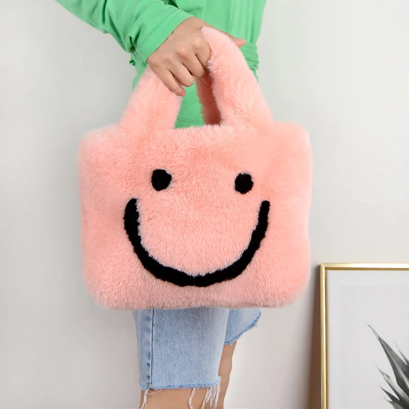 Faux rabbit fur fur bag autumn and winter women's handbag cute plush smiling face bag chain single shoulder crossbody bag ita