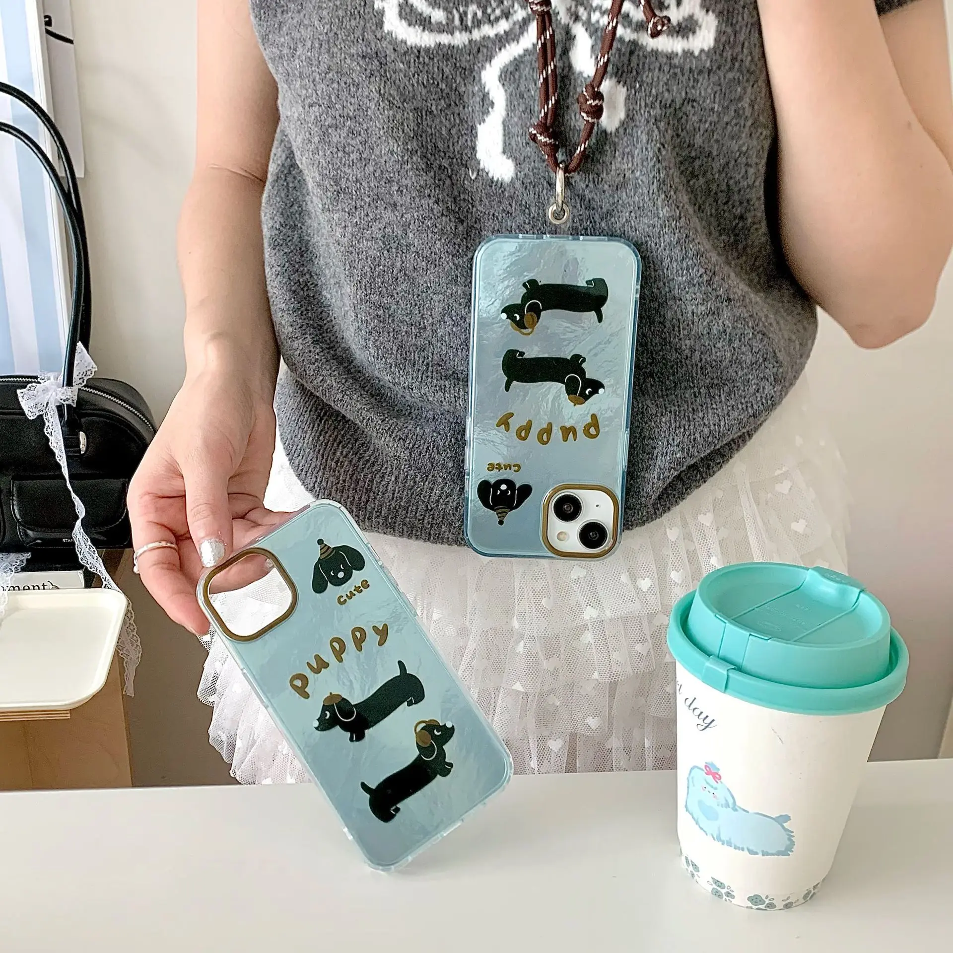 Whirlpool pattern blue brown puppy phone case with phone lanyard  For iPhone 11 12 13 14 15 16 pro max