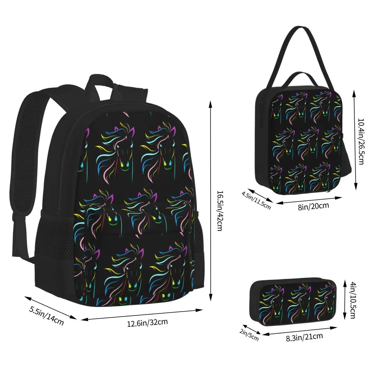 Magical Horse Backpacks Boys Girls Bookbag School Bags Kids Rucksack Lunch Bag Pen Bag Three-Piece Set