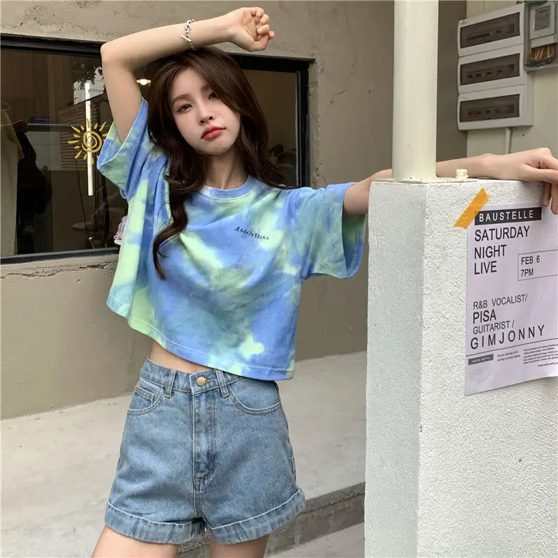 

Tie Dyed Contrast Color Short T Shirt for Women 2024 Fashion Loose Letter Top