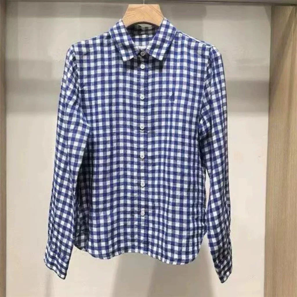 Koszula damska Lemon Cheese BP25, jesienna, z haftowanym kołnierzykiem, w kratę, długa, lniana, uniwersalna, wyszczuplająca, biznesowa, codzienna, irt