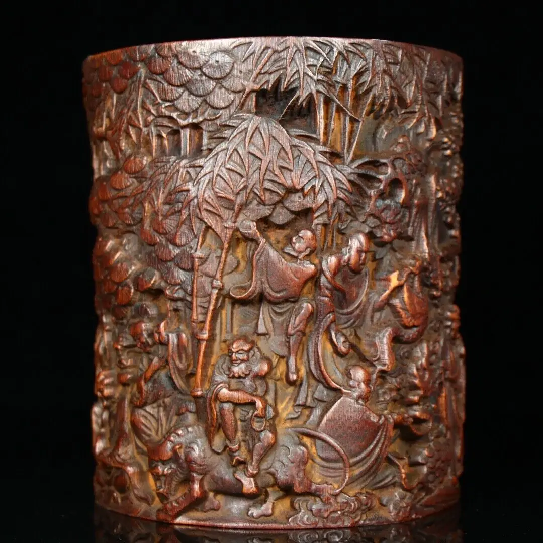 Collections Chinese Old Bamboo Carved Exquisite Eighteen Arhats Statue Brush Pot