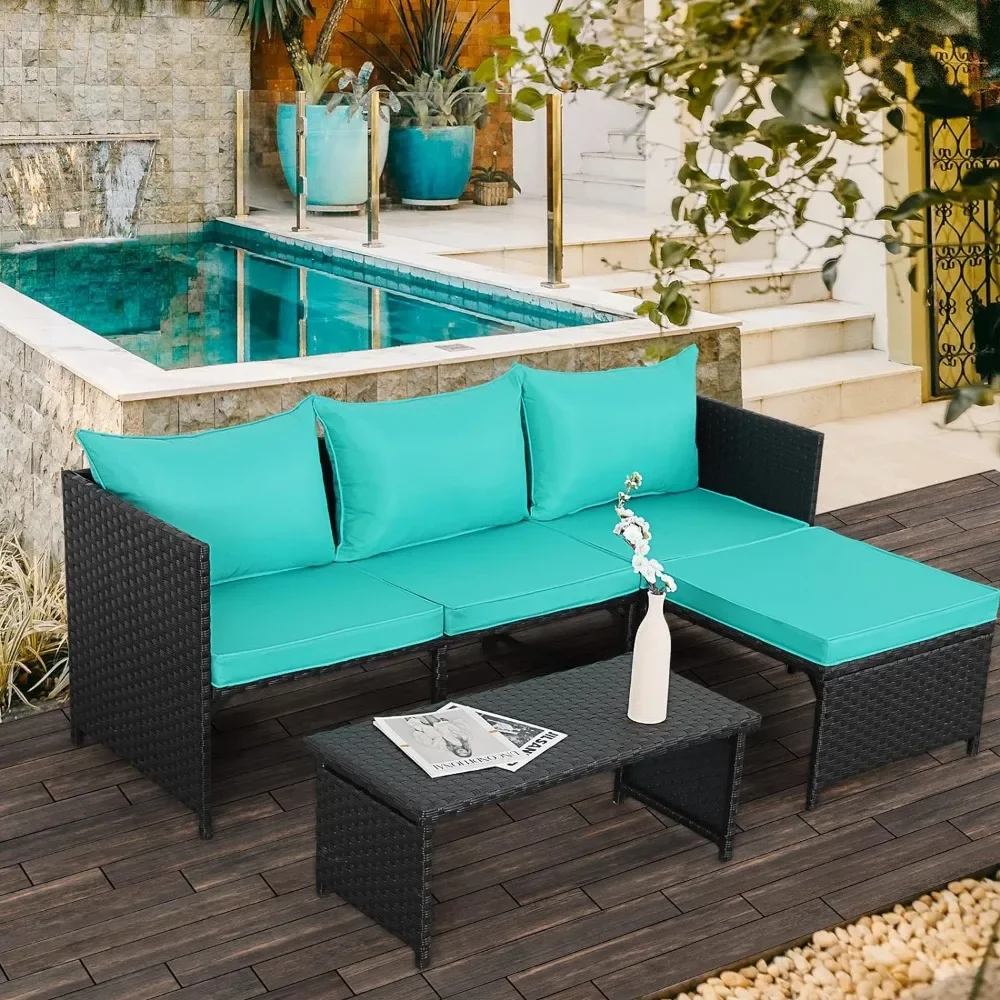 

Outdoor Sofa 3-Piece,Turquoise Cushion, patio sofa 3 Pieces set