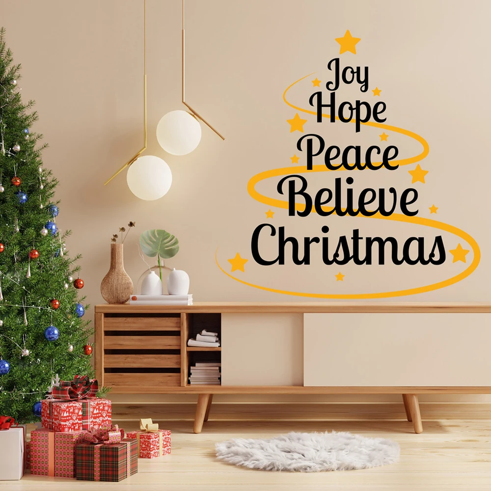 ملصق حائط من الفينيل اقتباس عيد الميلاد على شكل قلب "Joy Hope Peace Believe Christmas" ملصق نصي - ديكور غرفة المعيشة الملهم