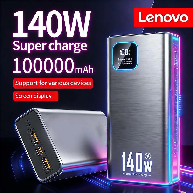 Lenovo 140W 100000mAh Power Bank High Capacity Super Fast Charging Power Bank Portable Battery Charger For iPhone Samsung Xiaomi