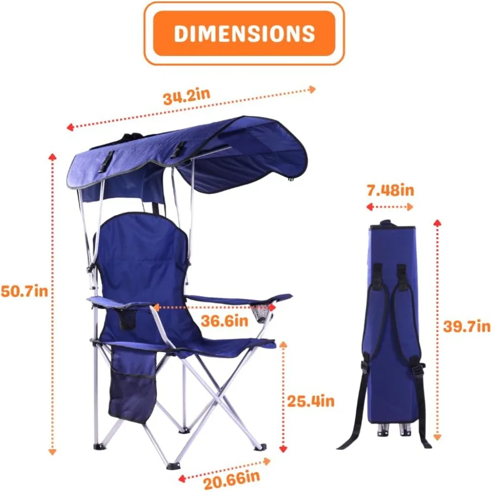 Portable Folding Camping Chairs with Canopy Shade, Durable 600D Oxford Cloth, Suitable for Adults, Outdoor Use