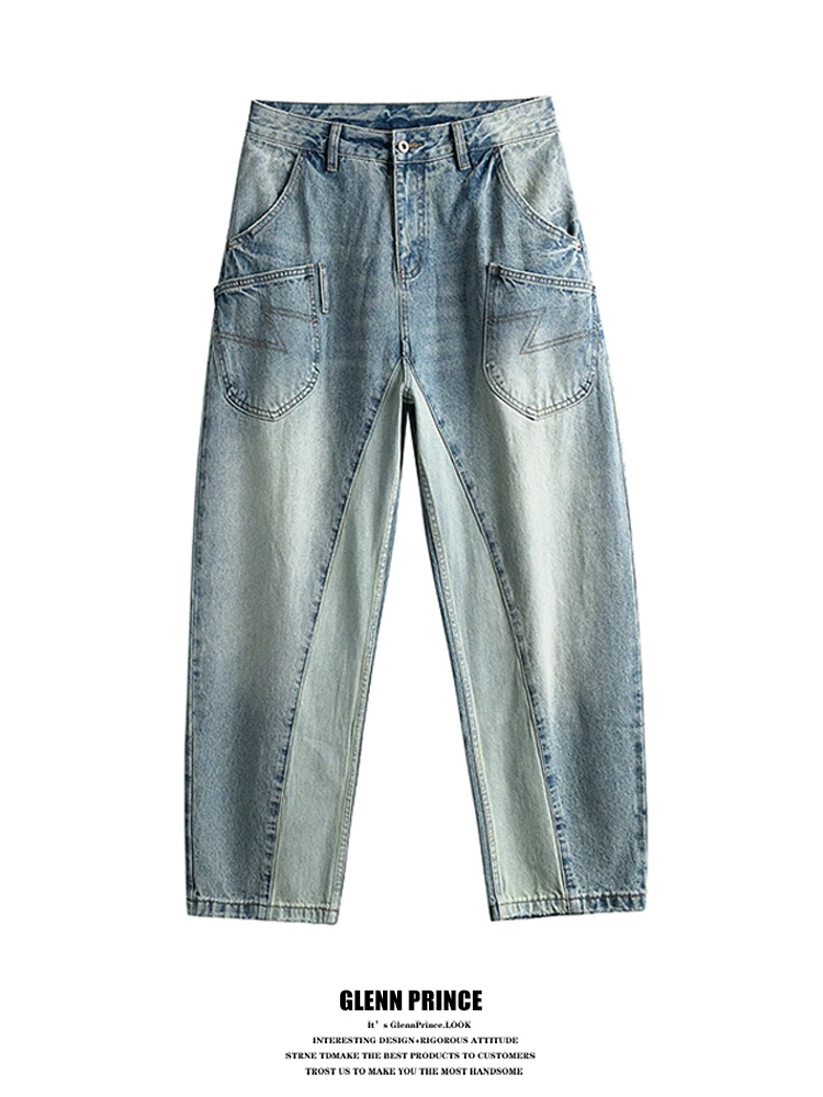 

Waed Denim Jeans Men's Loose Fit Heavy Du 3D Tailoring Splicing Design Trendy Brand Casual Straight Leg Jeans