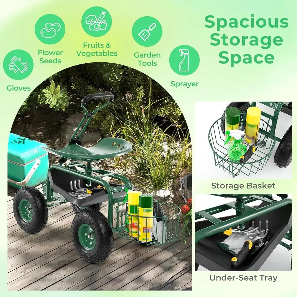 Gerobak Kebun dengan Ketinggian yang Dapat Disesuaikan dan Putaran 360 Derajat °   Kursi Putar, Keranjang Penyimpanan, dan Pegangan yang Dapat Diperpanjang untuk Berkebun yang Serbaguna