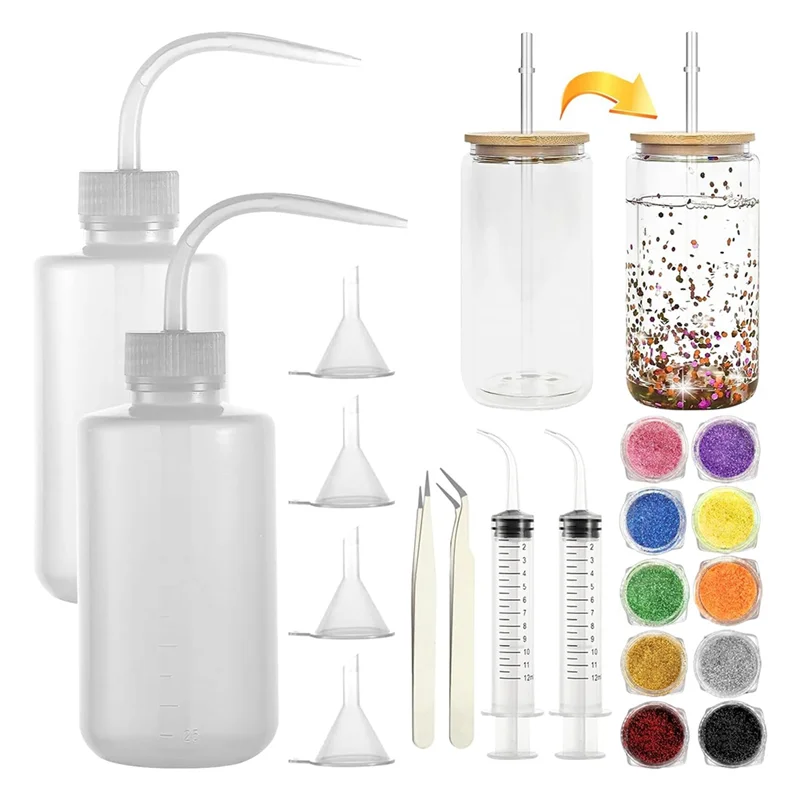مجموعة أدوات ABZL Snow Globe Tumbler DIY مع 20 قطعة من لوازم، وزجاجة ضغط بلاستيكية وزجاجات لامعة متضمنة