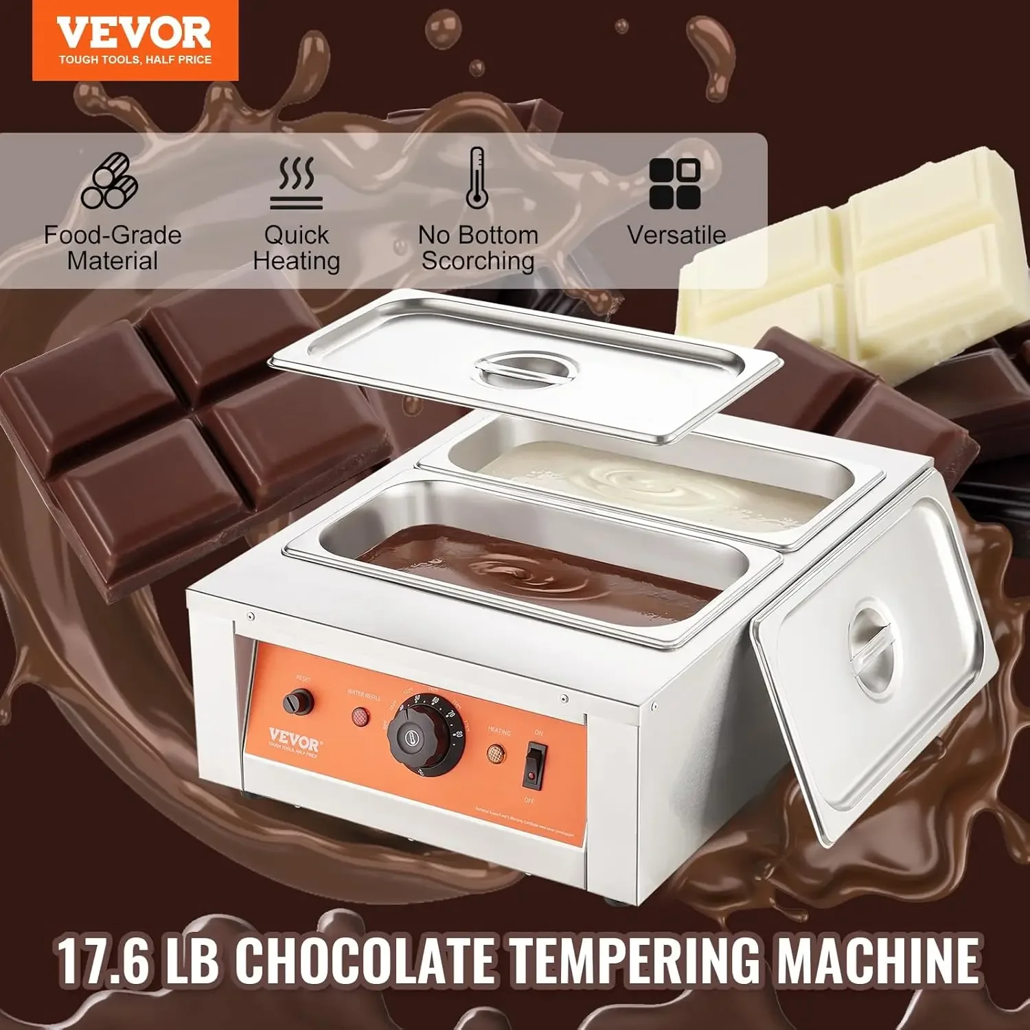 Chocolate Tempering Machine, 17.6 Lbs 2 Tanks Chocolate Melting Pot TEMP Control 86~185℉, 1500W Stainless Steel