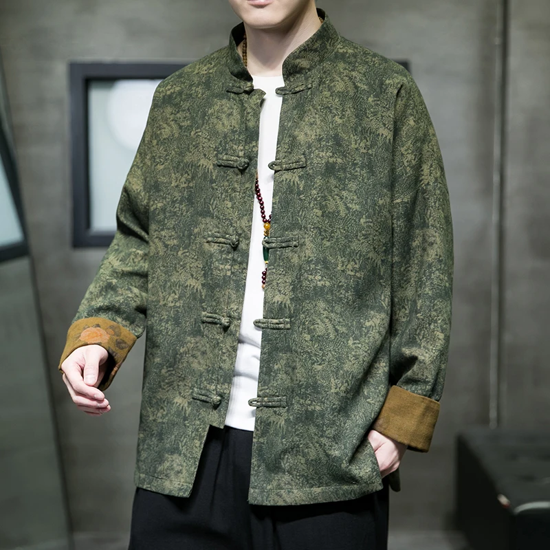 Spring Autumn Casual Printed Chinese Sle Men's Jaet with Button Youth Trendy Loose Fit Long Sve Outerwear Coat