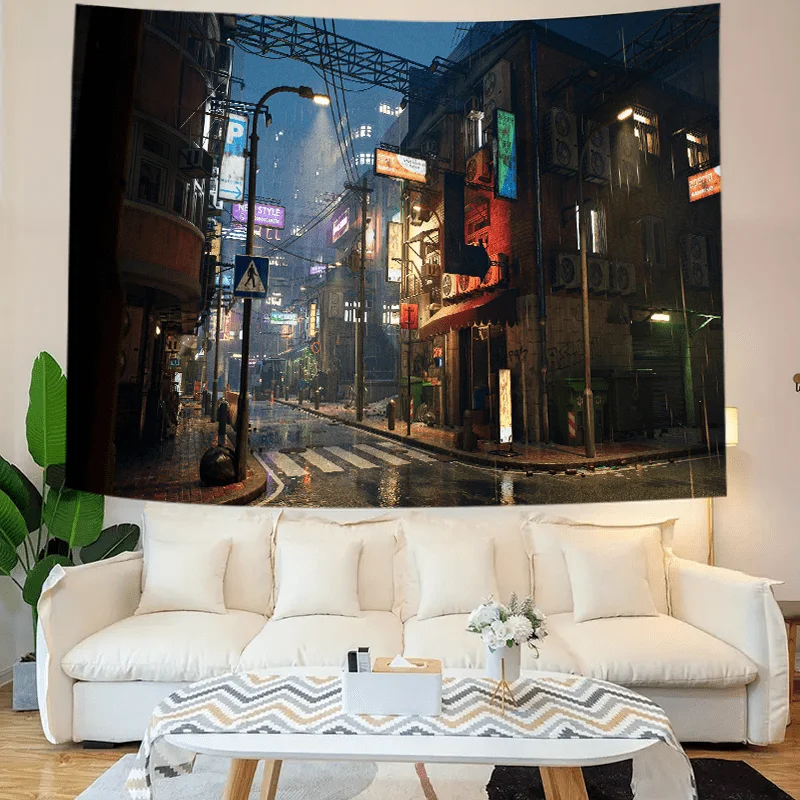 نسيج زقاق سايبربانك الممطر لديكور المنزل المستقبلي والجو