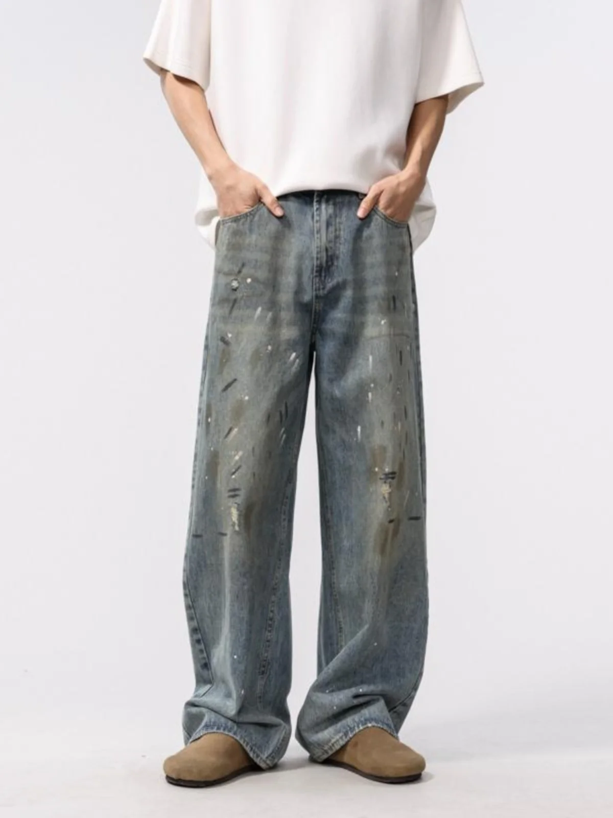 

Retro American Dyed Spray Ink Jeans Men's Loose Straight Casual Washed Wide Leg Long Trousers Trendy Youth Jeans