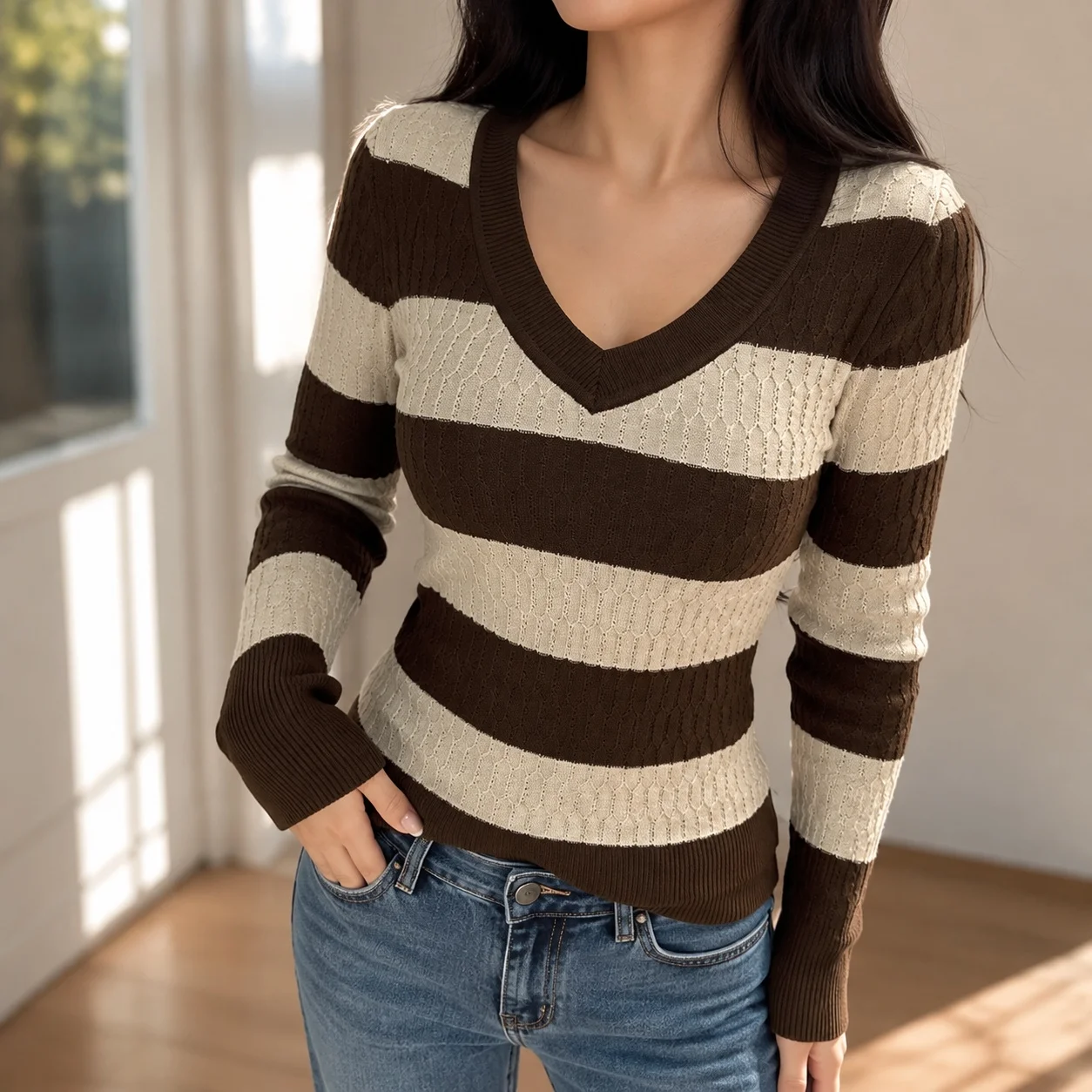 Striped V Neck Top Regular Length Japanese Korean Casual with Plaid Regular Fit Pullover Single Autumn Women Long Sleeve Top