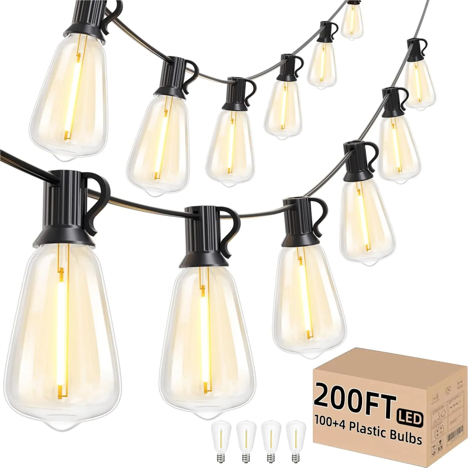 200FT Outdoor String Lights, 100+4 Shatterproof LED Bulbs, Dimmable Patio Lights for Backyard Cafe