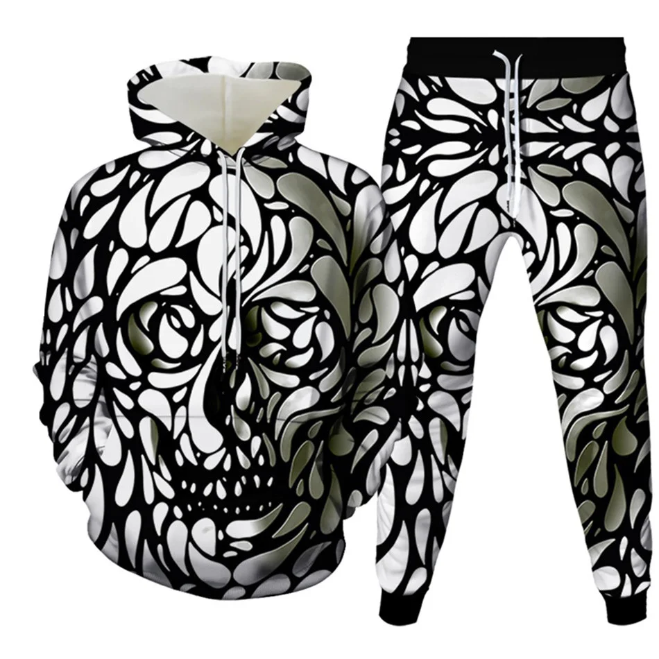 New Men\'s Tracksuit Sets Goth Punk Skull Fire 3D Printing Hoodies Pants Suit High Quality Skeletons Pullover Streetwear Oversize