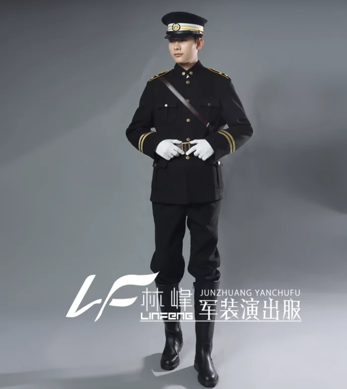 Chinese Uniform Vintage Black Woolen Thick Cosplay  Include Jacket Pants Belt Hat