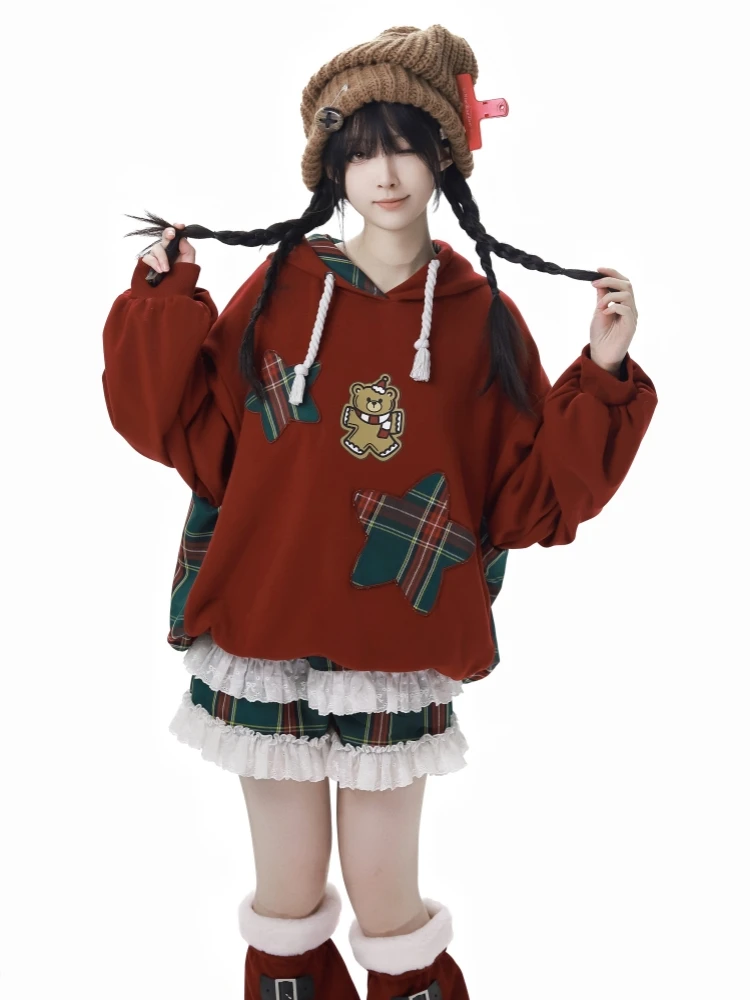 Sweet Cool Girl Christmas Plaid Embroidery Splicing Long Sleeve Loose Fleece Red Hooded Sweatshirts Pantskirts Sets Women Winter