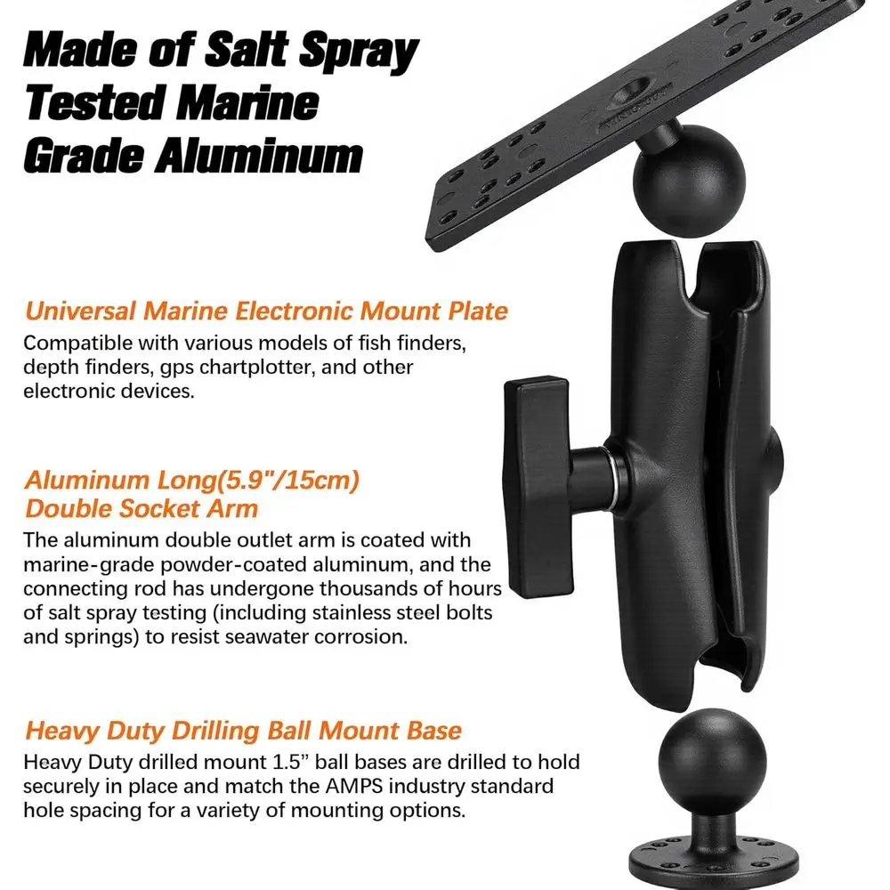 حامل مكتشف السمك من الألومنيوم مع كرة بحجم 1.5 بوصة/ج، ذراع 5.9 بوصة للإلكترونيات البحرية/حامل مكتشف العمق. مقاومة للماء والملح العالي، كوم