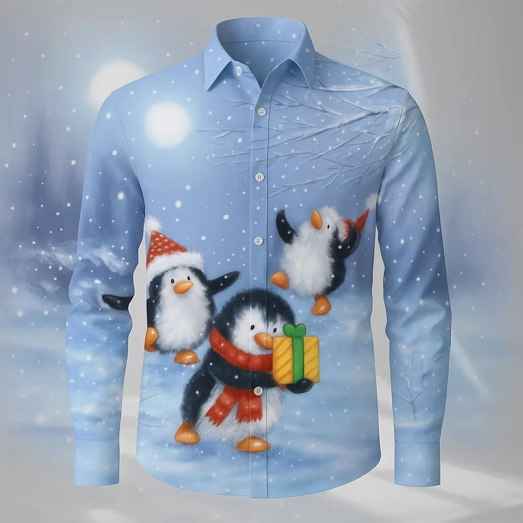 Men's 2025 Snowflake Christmas Print Shirt Button Up Long Sleeve Turndown Collar Funny Outdoor Fall Holiday