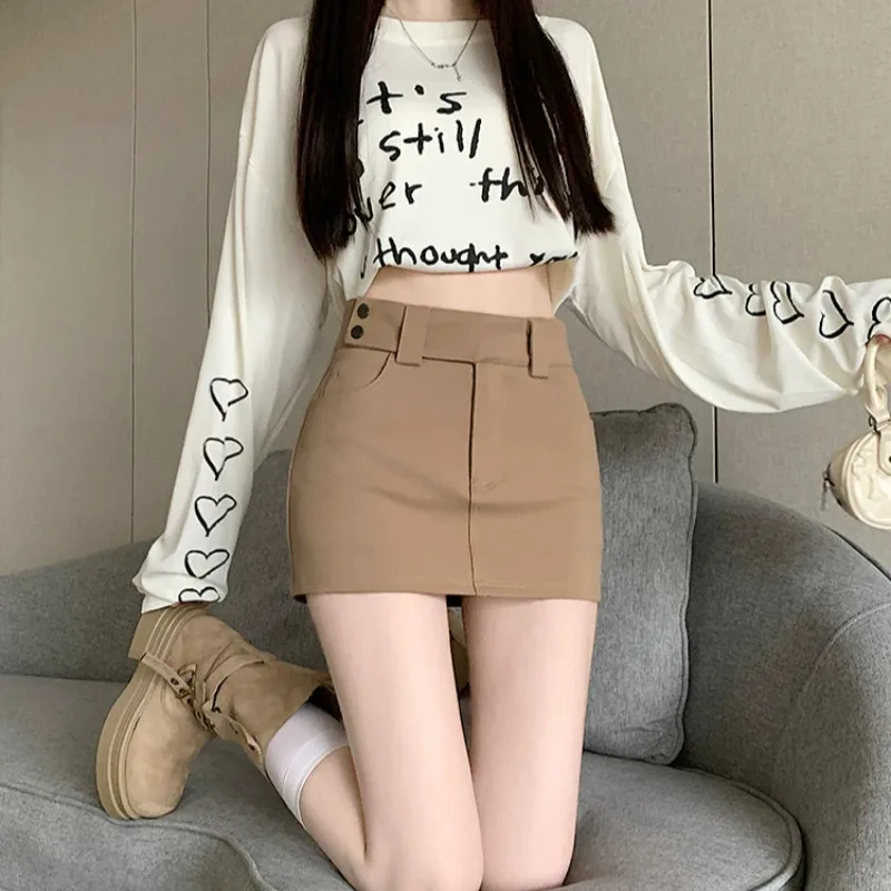 Khaki Suit Style High Waist Slim Fit Elastic Anti-Light Short Skirt for Women Spring Autumn Casual High Waist Bum Covering Skirt