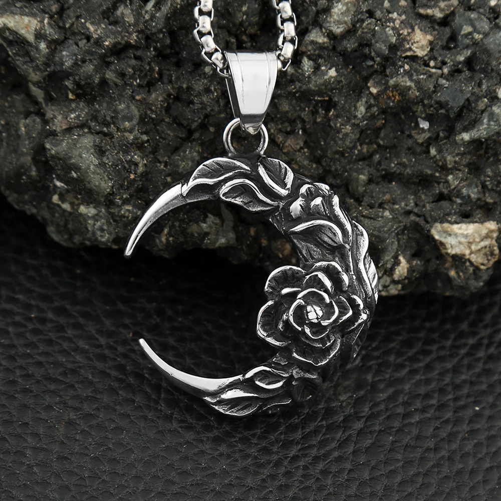 Punk Vintage 316L Stainless Steel Moon And Night Pendant With Rose For Men Women Biker Fashion Creative Jewelry Gifts Wholesale