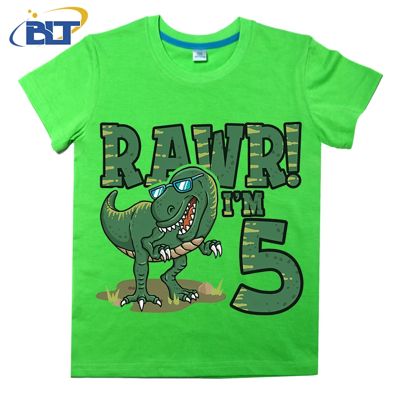 Dinosaur Birthday for 5 Year Old Boy Printed Kids T-shirt Summer Cotton Short Sleeve Casual Tops Suitable for Boys and Girls