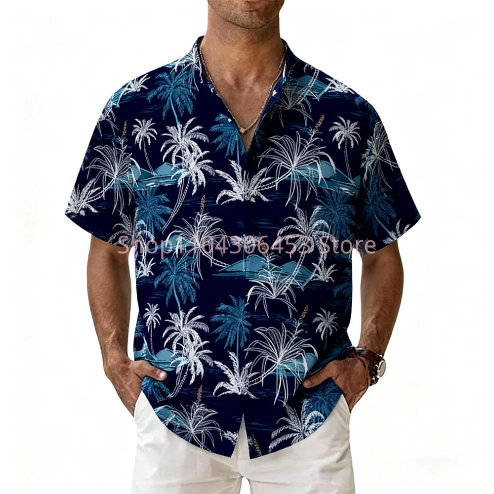 Men's 8-color Natural Coconut Tree 3D Printed Short-sleeved Lapel Hawaii Beach Vacation Thin Breathable Casual Shirt Men's Outer