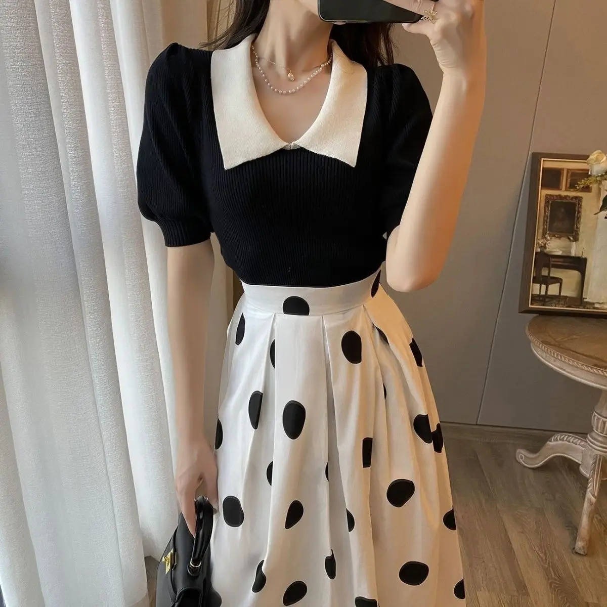 Polka dot skirt and bubble sleeve top two-piece suit French retro Hepburn fashion temperament high waist loose slim dress