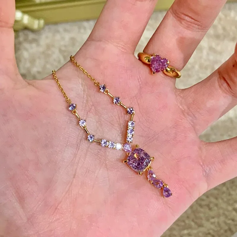 

Elegant and fashion amethyst necklace rings for women sparkling Light luxury square tassel wedding purple crystals jewelry sets