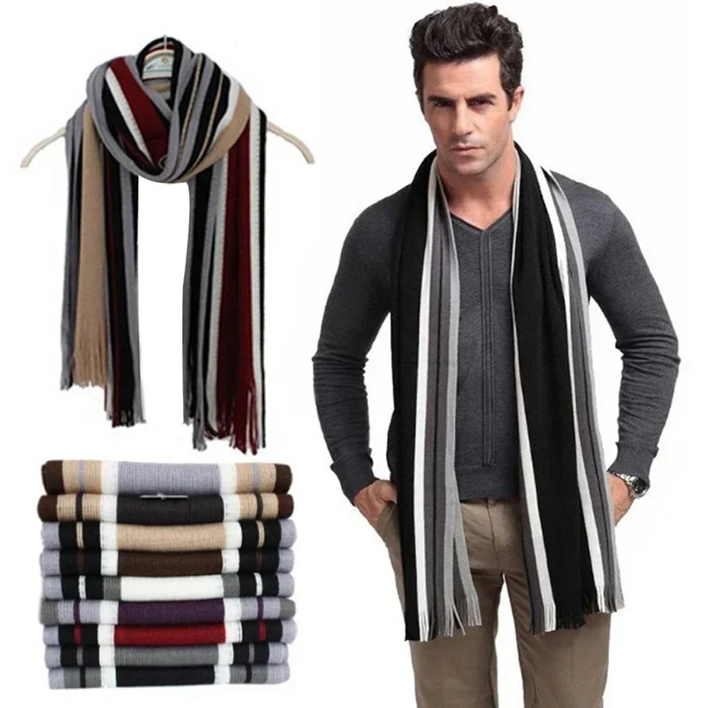 Classic Men's Scarf Winter Warm Faux Cashmere Soft Tassel Long Shawl Business Casual Striped Scarf Men's Clothing Accessories